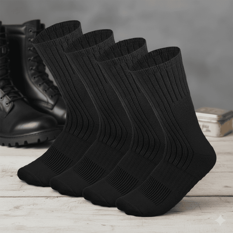 8. Security Guard Uniforms - Heavy Duty Socks in Kenya Four black pairs of ribbed socks are neatly aligned on a wooden surface, with black boots in the background. The scene conveys simplicity and order.