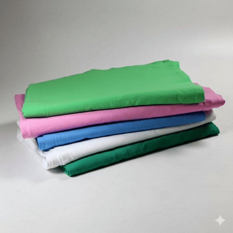 9. Hospital Bedsheets in Kenya A neatly stacked pile of folded hospital bedsheets including green, pink, blue, and white, on a neutral light background.