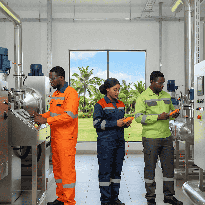 9. Maintenance Technicians Uniforms in Kenya Three technicians in a bright industrial space work on machinery. They wear orange, blue, and green safety work wear, conveying focus and teamwork.