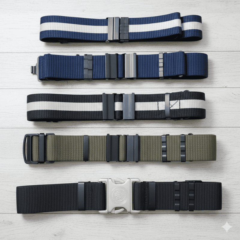 9. Security Guard Uniforms - Security Belts in Kenya A display of five woven security belts on a light wooden surface, each with a unique design and clasp. Hues include navy, black, khaki, with stripes and solid colors.